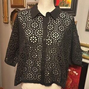 Chic Black Eyelet Button Down Shirt P1